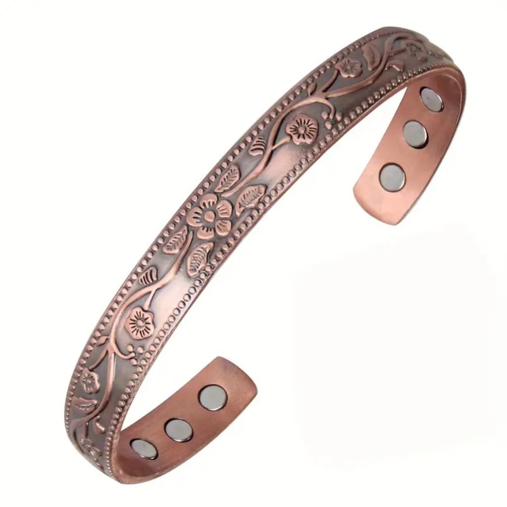 Vintage Flower Design Copper Magnetic Therapy Bracelet Arthritis Pain Bangle